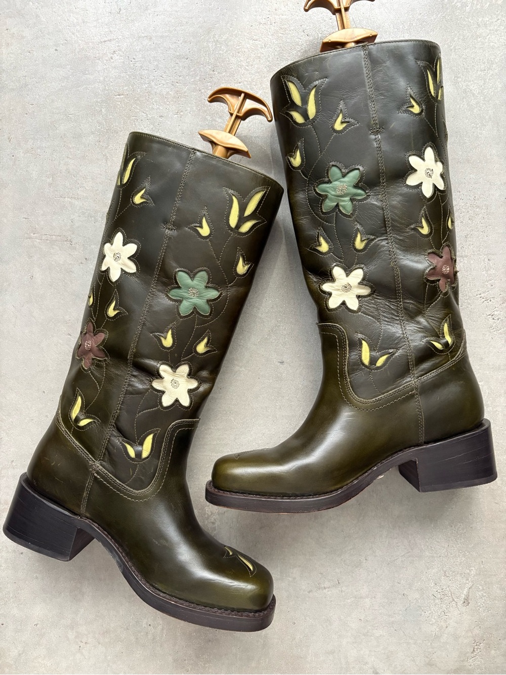 NWOT FRYE x Anthropologie Campus 14L Green Floral Cutout Boots - Picture 11 of 16